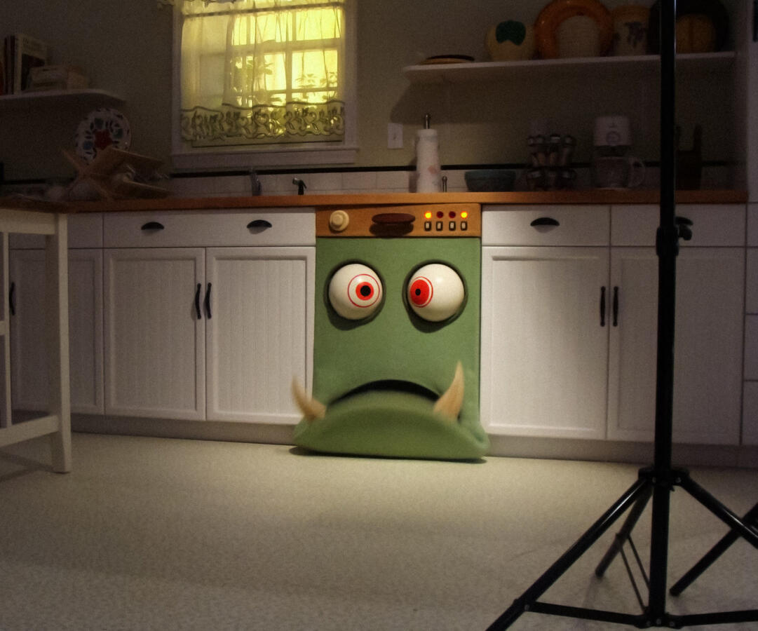 Animatronic dishwasher puppet on set